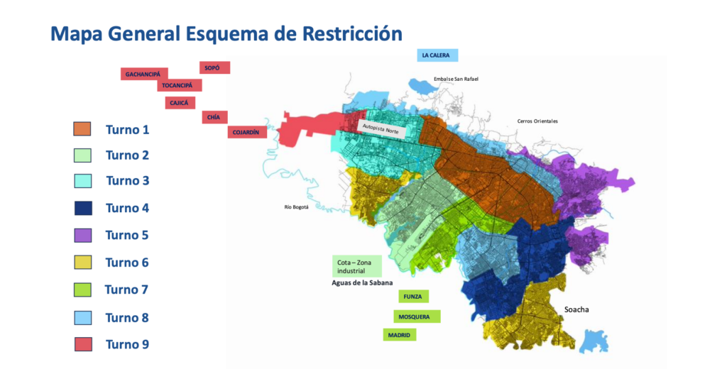 Map of water cuts in Bogotá 2024
